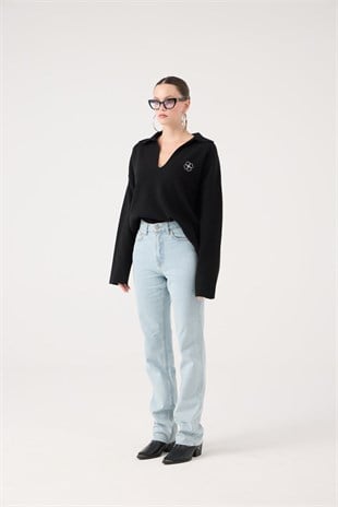 Yüksek Bel Straight Kesim Sagrado Jean Pantolon Mavi (Buz)