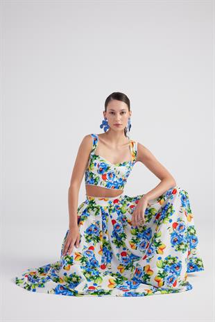 Cepli Desenli Uzun Ravello Etek Mavi