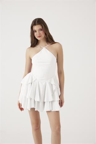 Fırfırlı Halter Yaka Mini Keira Elbise Beyaz