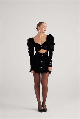 Karpuz Kol Kadife Kumaş Mini Raquel Elbise Siyah
