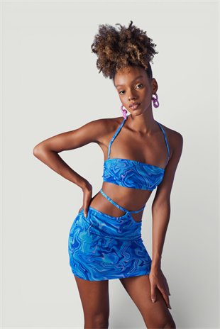 Boyun Bağlamalı Crop Bel Bağlamalı Venice Takım Mavi