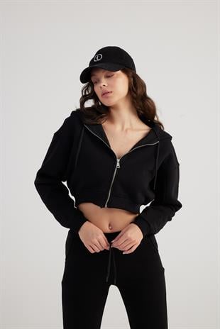 Kadın Siyah Kapüşonlu Uzun Kol Fermuarlı Crop Mixed Sweat