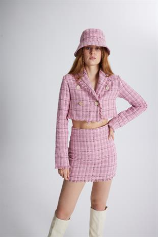 Tüvit Kumaş Mini Tweed Etek Pembe
