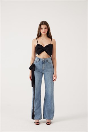 Yüksek Bel Kurdele Detaylı Wide Leg Kyla Jean Pantolon Siyah