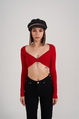 Crop Model Uzun Kol Walery Bluz Kırmızı