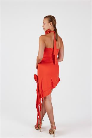 Çiçek Detaylı Fırfırlı Rosanna Elbise Turuncu