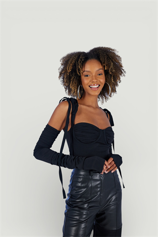 Çıkarılabilir Kollu Fiyonk Bağlamalı Ribbon Bodysuit Siyah