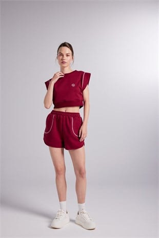 Crop Kesim Kontrast Dikişli Rhode Tshirt Bordo