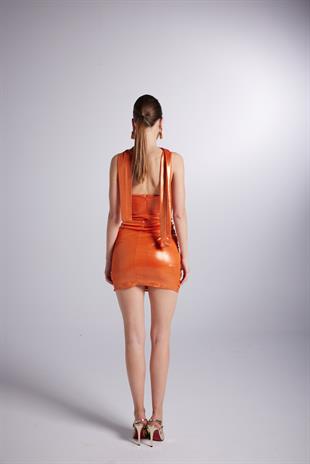 Parlak Kumaşlı Mini Vivid Elbise Turuncu