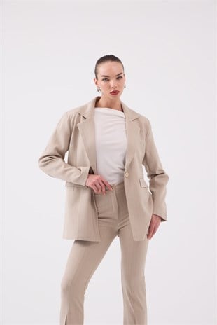 Vatkalı Astarlı Blazer Striped Blazer Ceket Bej