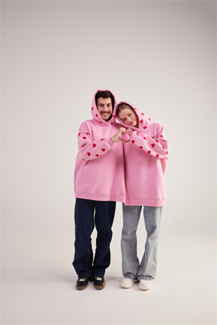 Kalp Baskılı Çift Giyilir Lovebombing Sweatshirt Pembe