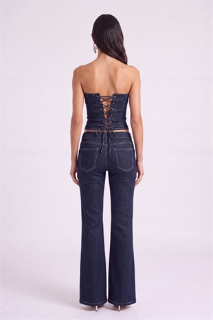 Çiçek Detaylı Düşük Bel Flare Clover Jean Pantolon Lacivert