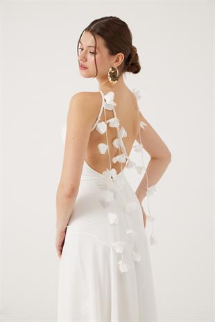 Askıları Yaprak Detaylı Uzun Raina Elbise Beyaz