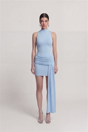 Backless, Draped Mini Daisy Dress, Blue