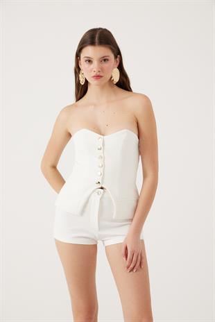 Düğmeli Straplez Kesim Harvey Bluz Beyaz