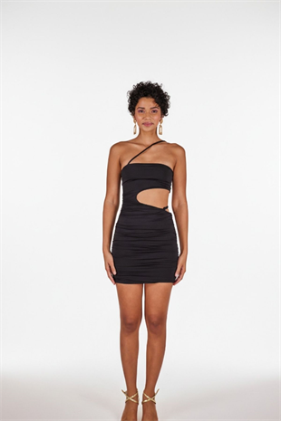 Çapraz Askı Detaylı Bel Dekolteli Drapeli Mini Bae Elbise Siyah