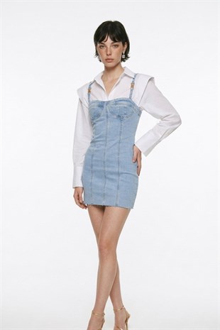 H Aksesuarlı Likralı Mini Danny Jean Elbise Mavi