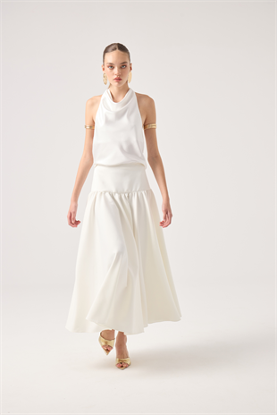 Fermuarlı Uzun Elenor Etek Beyaz