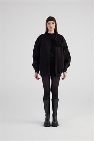 Oversize Çıkarılabilir Gül Detaylı Astarlı Alexa Bomber Ceket Siyah