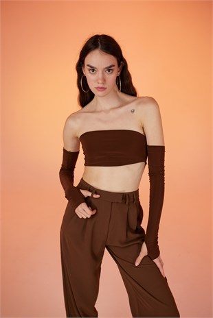 Straplez Model Kol Detaylı Noir Bluz Kahverengi