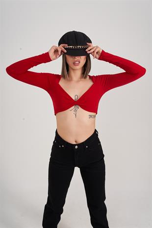 Crop Model Uzun Kol Walery Bluz Kırmızı