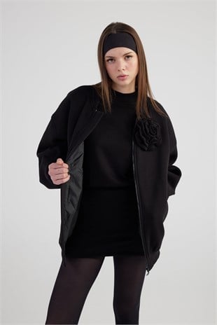 Oversize Çıkarılabilir Gül Detaylı Astarlı Alexa Bomber Ceket Siyah