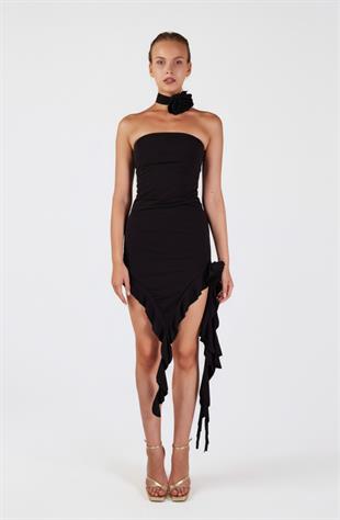 Çiçek Detaylı Fırfırlı Rosanna Elbise Siyah