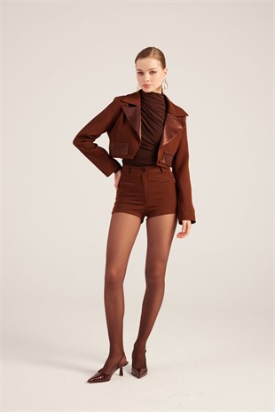 Yakası Saten Detaylı Camila Crop Blazer Ceket Kahve