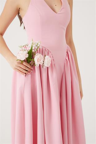 Boyundan Bağlamalı Bele Oturan Uzun Ophelia Elbise Pembe