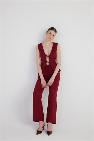 Geniş Paça Pilili Yüksek Bel Palazzo Giselle Pantolon Bordo