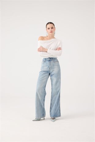  Yüksek Bel Wide Leg Carino Jean Pantolon Mavi