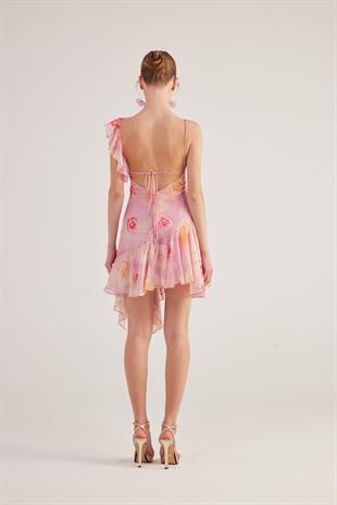 Asimetrik Kesim Sırt Dekolteli Çiçekli Gigi Elbise Pembe