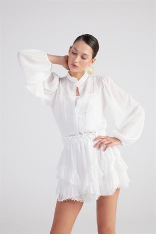 Brode Detaylı Atletli Pixie Gömlek Beyaz