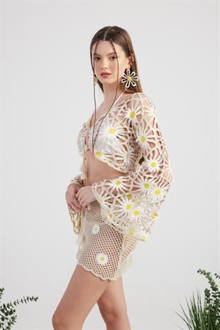Çiçek Desenli Triko Pareo Doll Takım Bej