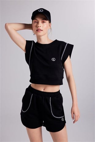Crop Kesim Kontrast Dikişli Rhode Tshirt Siyah