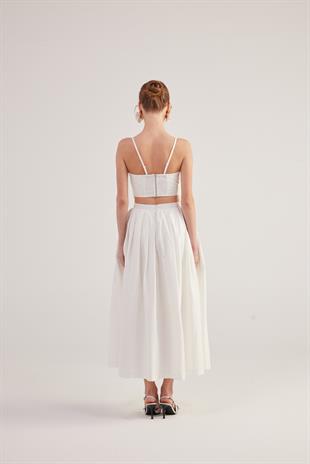 Beli Kemerli Cepli Astarlı Uzun Olivia Etek Beyaz