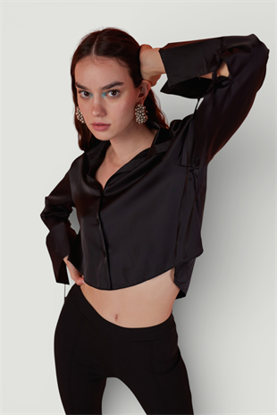 Özel Dokulu Saten Crop Silky Gömlek Siyah
