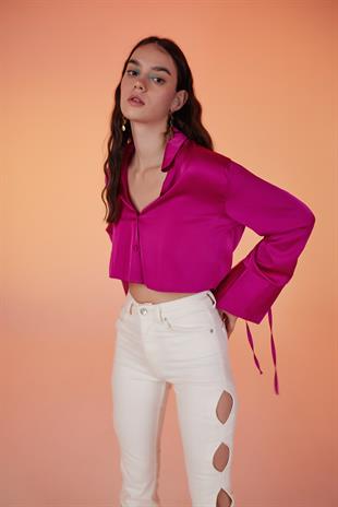Özel Dokulu Saten Crop Silky Gömlek Pembe