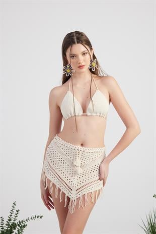 Desenli Bağlamalı Yazlık Alt Üst Chacha Triko Takım Bej