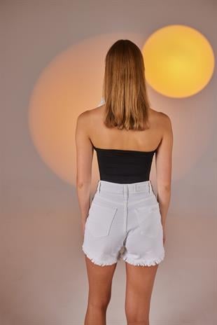 Yırtık Detaylı Likralı Distressed Jean Şort Beyaz