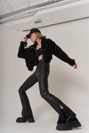 Kadın Siyah Yaka İpli Fermuar Kapamalı Uzun Kol Kemer Detaylı Puliva Ceket