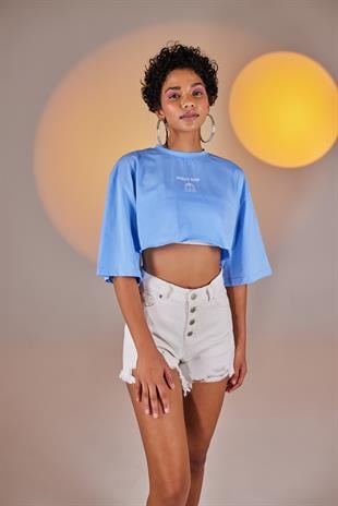 Bisiklet Yaka Holly Crop Tshirt Mavi