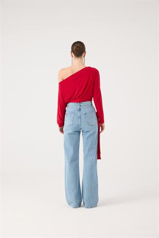 Yüksek Bel Kurdele Detaylı Wide Leg Kyla Jean Pantolon Mavi