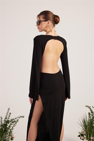 Esnek Kumaş Sırt Dekolteli Uzun Cameron Elbise Siyah
