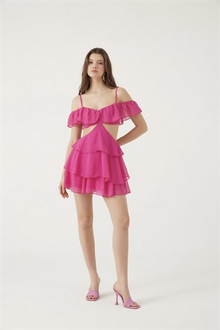 Mini Boy Dekolteli Açık Omuz Detaylı Ruby Elbise Pembe