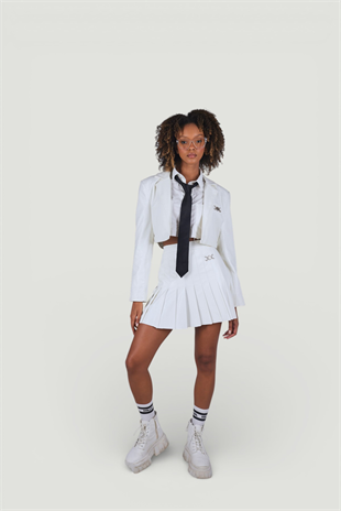 Fermuar Kapamalı Pileli Mini College Deri Etek Ekru