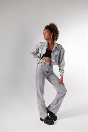 Yüksek Bel Kesik Paça Lorenzo Jean Pantolon Gri