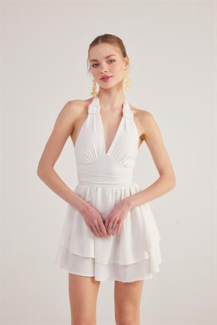 Boyundan Bağlamalı Kloş Marilyn Elbise Beyaz