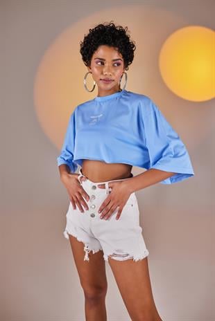 Bisiklet Yaka Holly Crop Tshirt Mavi