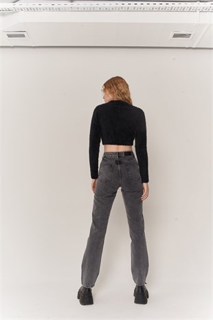 Kadın Gri Denim Kumaş Yüksel Bel Straight Kesim Fuerza Jean Pantolon